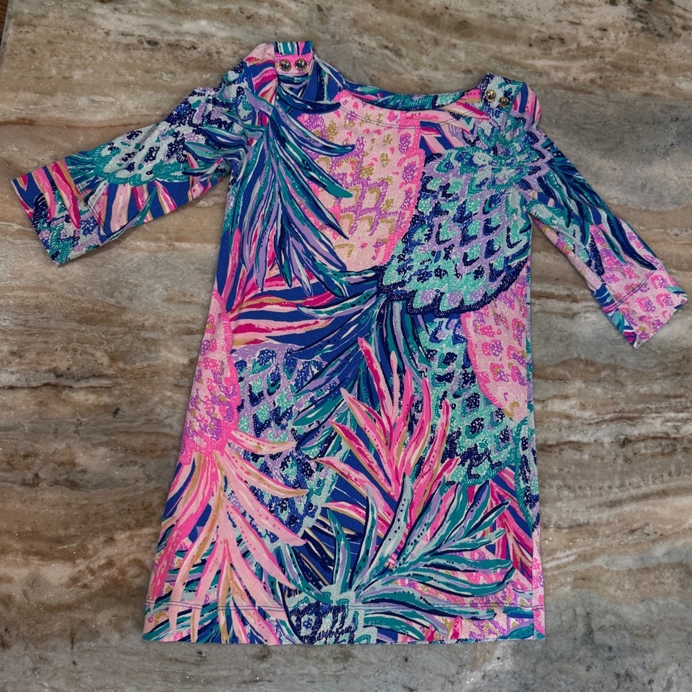 Girls LILLY PULITZER knit Sophie Dress-teal pink pineapple print. Size Small 4/5